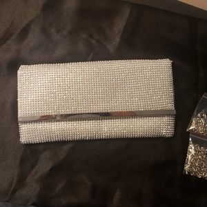 Silver metallic rhinestone clutch bag